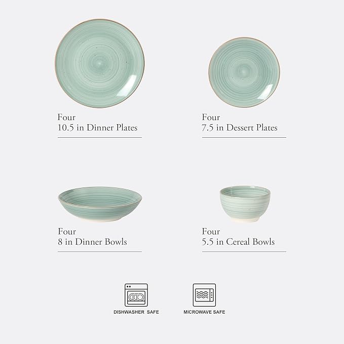 Gibson Home Stonebury 16 Piece Plates and Bowls Teal Dishes - Handpainted Stoneware Dinnerware Set - Service for 4