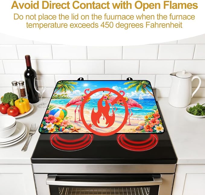 Tropical Flamingo Stove Top Cover for Electric Gas Glass Top Stove | Pink flamingo tropical beach kitchen decor; non-slip stovetop cover, glass cooktop counter mat, summer coastal decor