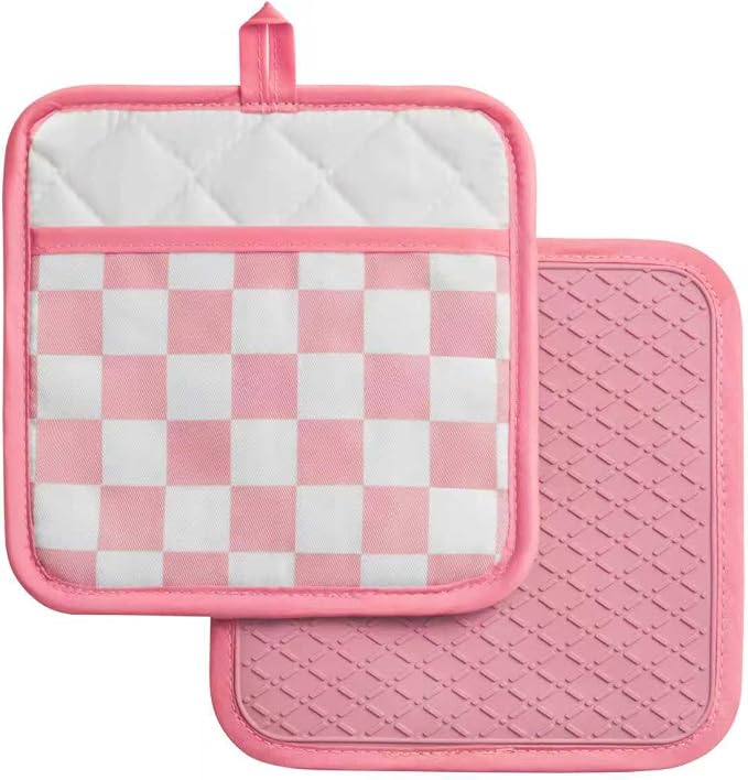 Ohocut Pink Checkered Pot Holder, Checkerboard Potholders for Kitchen, Silicone Pot Holders with Pocket for Kitchen Clearance 2 Pack Set, Hot Pads and Oven Mitts for Cooking Baking
