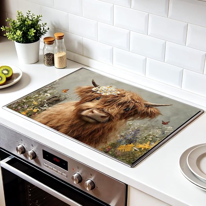 Highland Cow Glass Stove Top Cover 28x20 Inch Decorative Stove Cover | Heat Resistant Cooktop Protector Mat with Non-Slip Backing, Scratch Protection and Countertop Drying Mat.