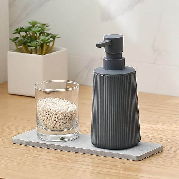 YAUKPH Small Soap Dispenser for Bathroom and Kitchen Matte Gray | Modern Farmhouse Striped Style Plastic Hand Soap Dish Soap Dispenser with Pump