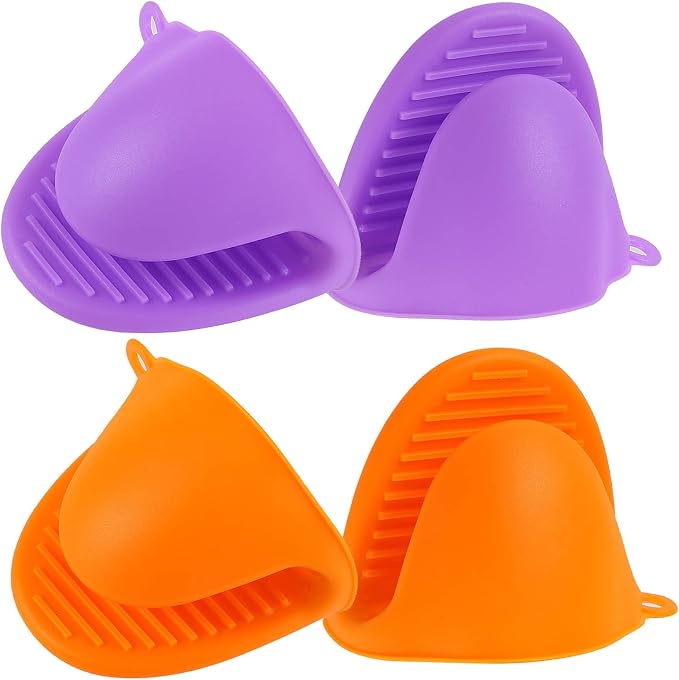 2 Pairs Mini Oven Gloves Silicone Oven Mitts Purple and Orange | Silicone Heat Resistant Cooking Pinch Mitts Potholder for Kitchen Cooking & Baking
