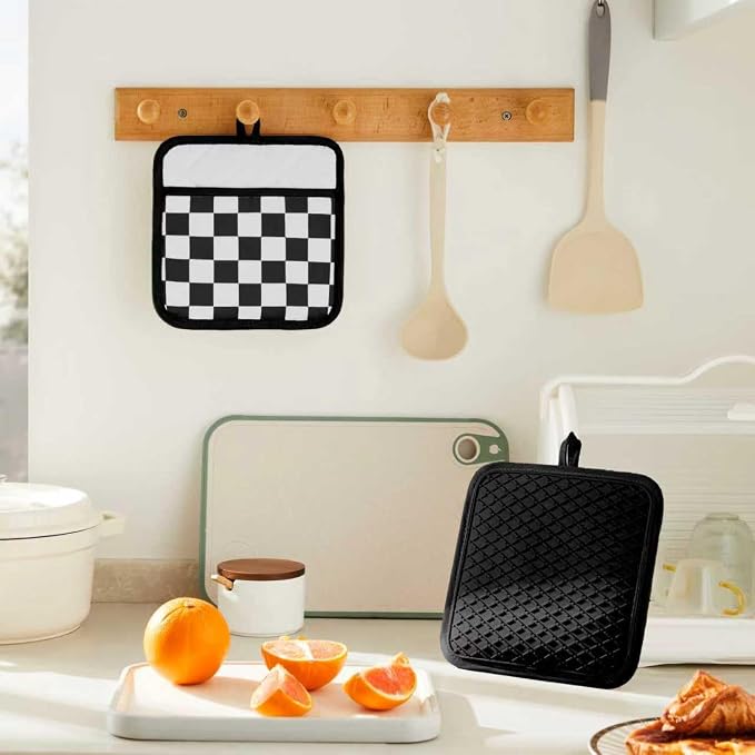 Ohocut Checkered Pot Holder, Black and White Checkerboard Potholders for Kitchen, Silicone Pot Holders with Pocket for Kitchen Clearance 2 Pack Set, Hot Pads and Oven Mitts for Cooking Baking