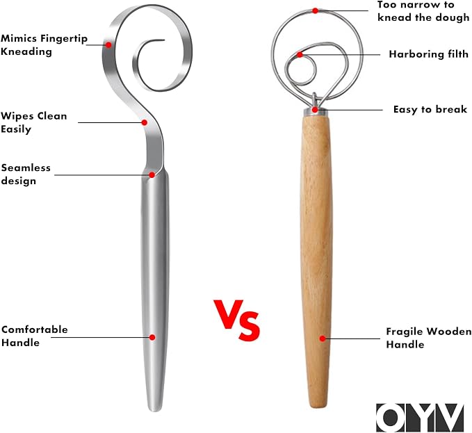 OYV 12" Seamless Dough Whisk, 18/10 Stainless Steel, Danish Dough Whisk | 2.5X Faster Mixing, Bread Whisk For Sourdough, Pizza, Cookies And Pastry, Ergonomic Grip, Dishwasher Safe, Easy To Clean