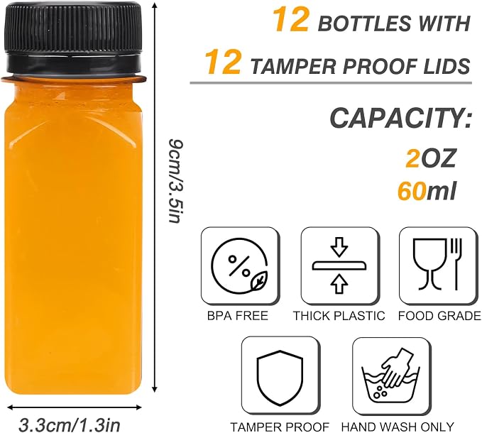 12pcs 2oz Plastic shot Juice Bottles with Caps, Sticker Labels | Reusable Clear Ginger Shot Bottles Bulk Beverage Containers for Juice, Milk and Other Beverages