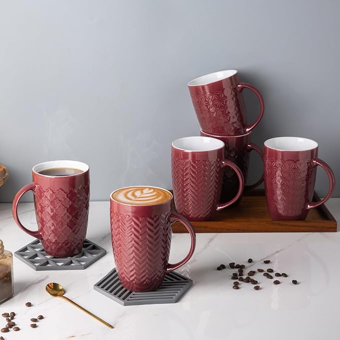 AmorArc 20 oz Large Coffee Mugs Set of 6, Red Ceramic Tall Coffee Cups | 3 Assorted Designs, Embossed Ceramic Coffee Mugs with Large Handle for Coffee/Tea/Cappuccino, Dishwasher&Microwave Safe