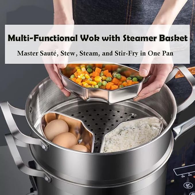 Toutrop 14 Inch Hybrid Stainless Steel Wok with Lid & Steamer Basket,Nonstick Stir Fry Pan, PFOA-Free,Stay-Cool Handle,Works on Induction,Dishwasher & Oven Safe
