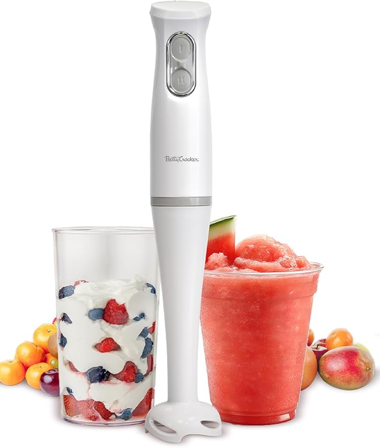 Betty Crocker 2-Speed Hand Blender, 20-Oz. Beaker, BC-4307W, White | Immersion Blender, 300W Motor 450W Peak Power, Soft-Touch Pulse Control, Stainless Steel Blade, BPA Free