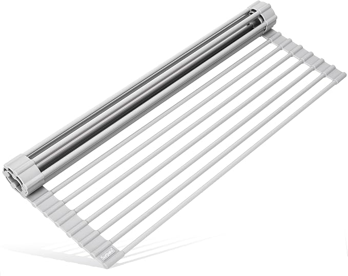 17.5 x 13.1 Inch Roll-Up Dish Drying Rack, Fits Across Sink Openings up to 16.5 Inches, Heavy-Duty Premium Silicone, Strong Support, Non-Slip, Heat-Resistant, Warm Gray