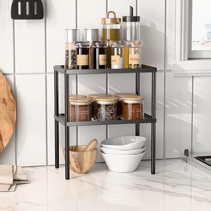 Cabinet Organizer Shelf, 2 Tier Kitchen Cabinet Organizer with Stackable Cabinet Shelves for Kitchen Countertop Storage, Metal Kitchen Shelf Organizer for Spice, Pantry & Under Sink