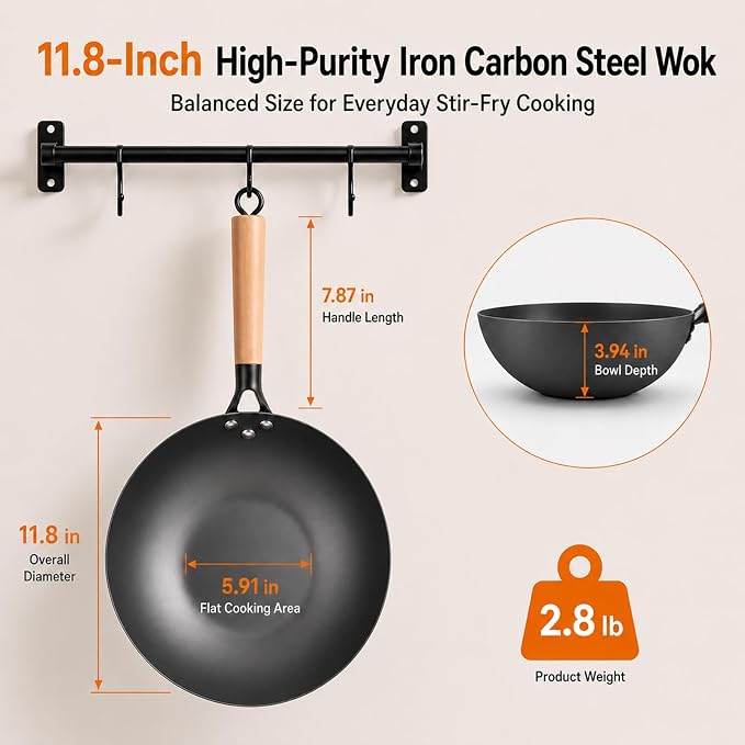 High-Purity Iron Carbon Steel Wok with Lid, 11.8 Inch Flat Bottom Wok Pan, Uncoated Stir Fry Pan with Wood Handle, Compatible with Gas, Electric, Induction and Ceramic Stoves