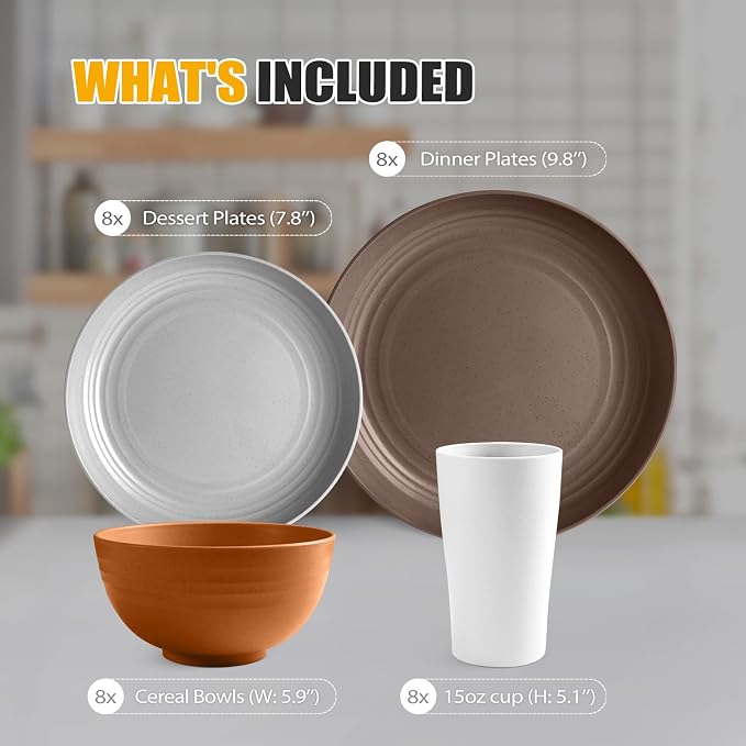 Teivio 32-Piece Plates and Bowls Sets for 8, Farmhouse Dinnerware Sets | 13.5oz Cups, Plastic Wheat Straw Unbreakable Dish Set, Dishwasher, for Outdoor Camping RV Kitchen Essentials Dinner Plate set