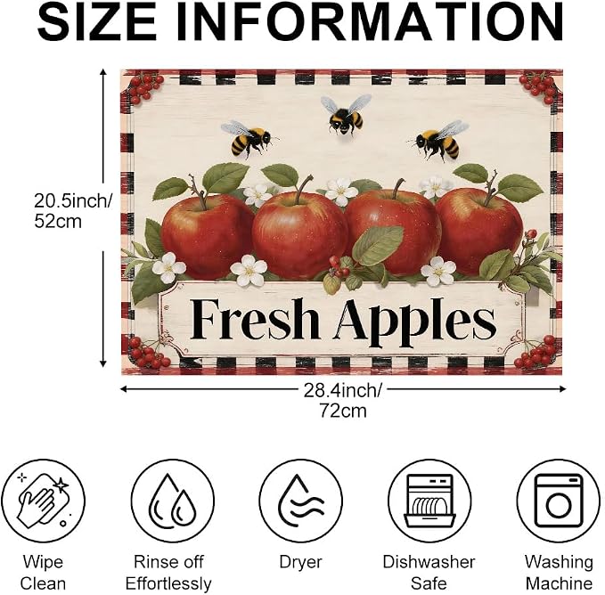 Fresh Apples Stove Top Cover, Buffalo Plaid Farmhouse, 28x20 in | Vintage Fresh Apples sign with bees on buffalo plaid border; non-slip mat; protects glass and electric cooktops; 28x20 in