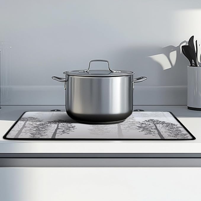 Grey Tree Forest Stove Top Covers for Electric Stove, Nature Pine Trees Pattern Glass Stovetop Cover with Lanyard Forest Gray Beige Countertop Protector Mat for Kitchen 28 x 20 Inch
