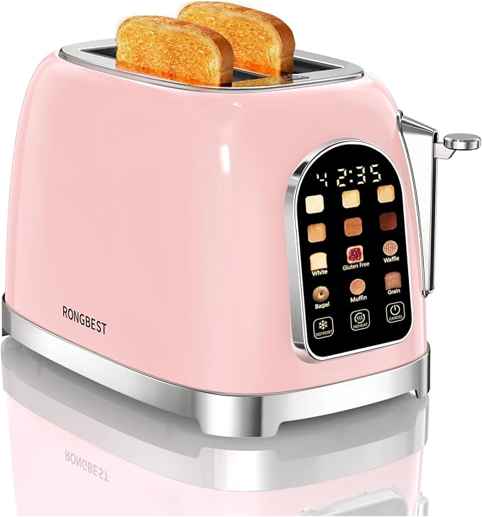 RONGBEST Retro Toaster 2 Slice Stainless Steel with Wide Slot Touchscreen for Breakfast Bagel & Bread, Reheat & Defrost, 6 Browning Levels, Removable Crumb Tray, Blush Pink