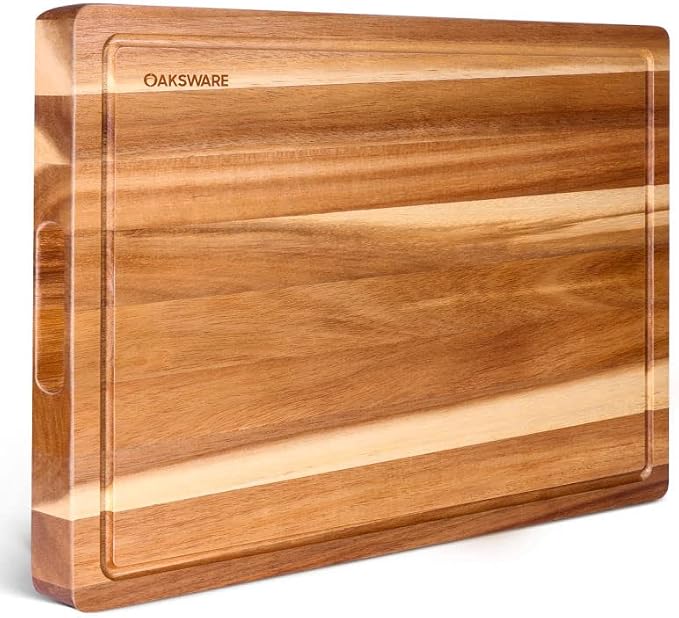 BEZIA 16.5" x 13" Acacia Wood Cutting Board, Durable Kitchen Prep Station | Deep Juice Grooves, Side Handles, Pre-Oiled Surface, Ideal for Daily Meal Prep, Expert Carving, Serving & Kitchen Decor
