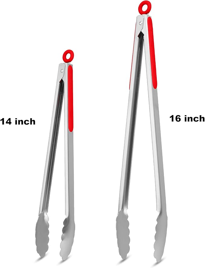 304 Stainless Steel Kitchen Cooking Tongs, 14 & 16 Inch, Set of 2, Red | Locking Food Tongs with Non-slip Grips and Hanging Loops for Cooking, Grilling, BBQ and Serving, Dishwasher Safe