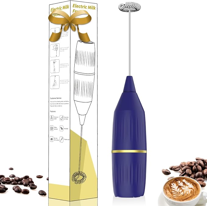 Blue Milk Frother Handheld | Standable No Stand Needed, Battery Operated, Detachable Whisk, Easy Clean, Compact Portable