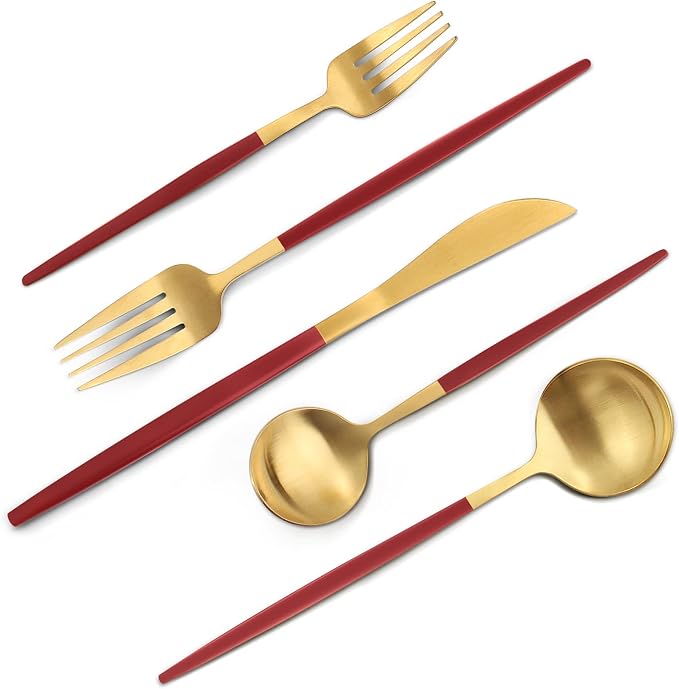 VANVRO Matte Red Gold Silverware Set, 20-Piece Stainless Steel Flatware Set, Satin Finish tableware Cutlery Set, Service for 4, Home and Restaurant, Dishwasher Safe