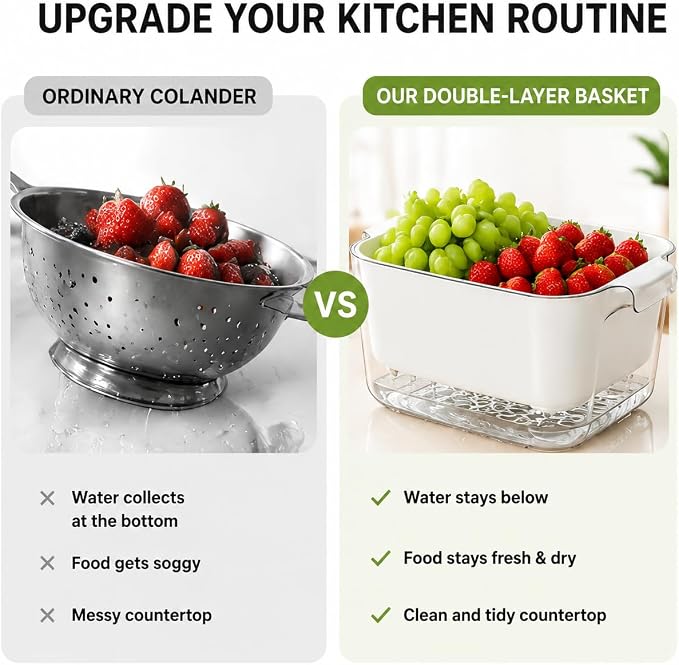 Double Layer Draining Basket for Kitchen, Fruit & Vegetable Washing Colander with Water Catch Tray, Food Grade Drain Basket, Large Capacity Produce Washer, Kitchen Strainer Bowl, Easy to Clean