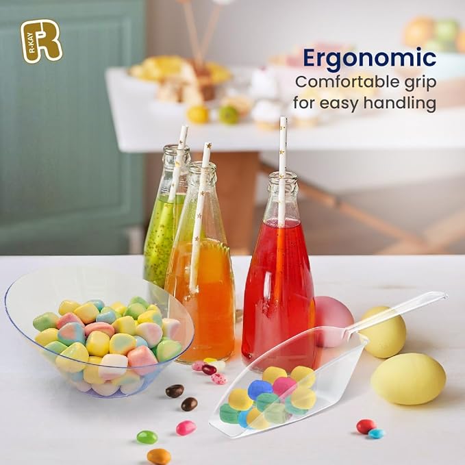R-kay 36 Pcs Candy Bowls And Plastic Scoops Set - 18 Clear Small Plastic Bowls 6 Oz, 9 Plastic Scoops And 9 Small Tongs Buffet Containers Set Heavy Duty