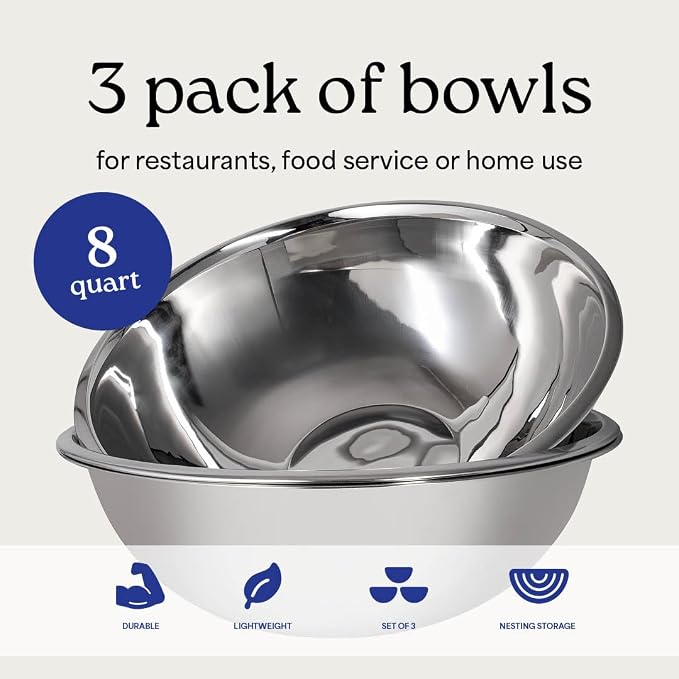 8 Quart Large Stainless Steel Mixing Bowls Set, 3-Pack, Nesting Bowls | Extra Large Commercial Grade Metal Bowls for Meal Prep, Baking, Serving, Food Storage. Rustproof & Dishwasher Safe