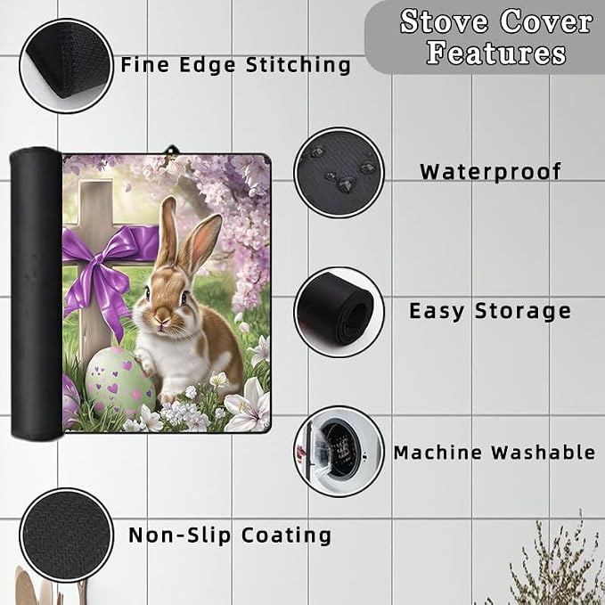 Easter Theme Glass Stove Top Cover Protector,Heat Resistant Range Ceramic Stove Top Covers Mat,Easter Eggs & Bunny Cooktop Protector,Cherry Blossoms Glass Cooktop Protector