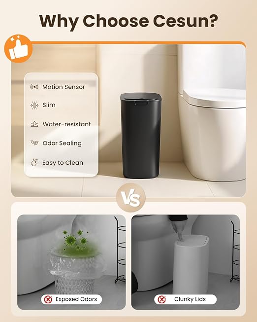 Cesun 5 Gallon Automatic Bathroom Trash Can with Lid, Black, Touchless | Motion Sensor, Slim, Small Smart Garbage Bin, Plastic, Battery Operated, Manual Button, for Office/RV/Bedroom/Living Room