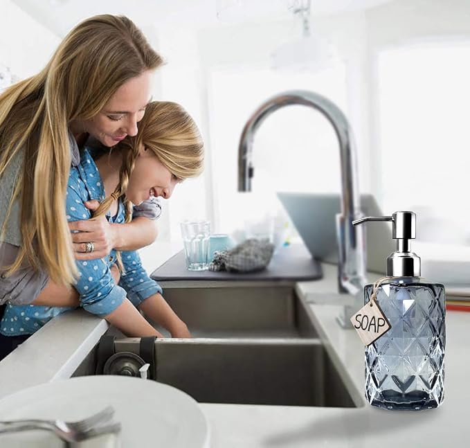 JASAI 12Oz Diamond Grey Glass Soap Dispenser with 304 Rust Proof Soap Pump | Dish Soap Dispenser with 304 Rust Proof for Kitchen, Bathroom Soap dispenser for Hand Soap, Liquid Soap