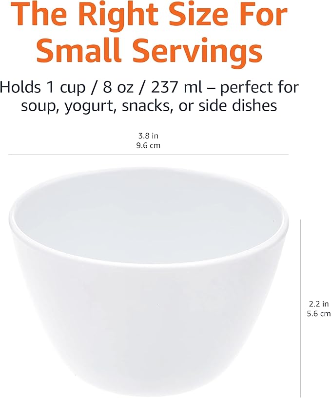 Amazon Basics Melamine Small Bowls for Sauces, Dessert, Round Serving Bowls, BPA Free, Dishwasher Safe, 8 oz, White, 6-Piece Set