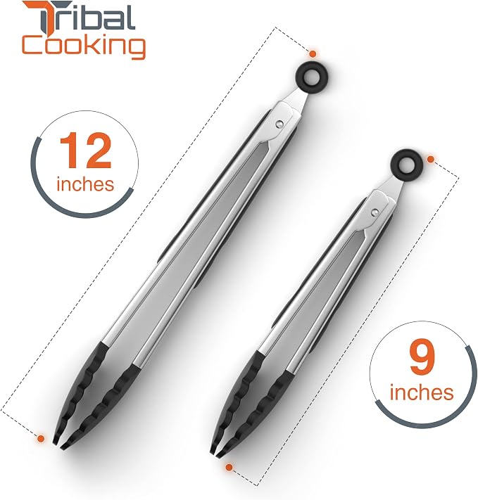 Tribal Cooking Kitchen Tongs with Silicone Tips - Stainless Steel tongs for cooking - 9" and 12" Tongs With Silicone Rubber Non Slip Grips, Heat Resistant Metal Tongs.