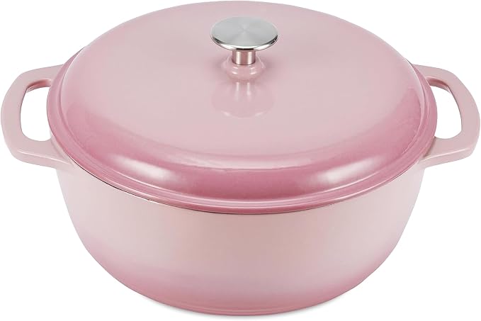 Amazon Basics Enameled Cast Iron Dutch Oven Pot with Lid, Round, Dual Handles, Heavy-Duty, Oven Safe for Stews, Roasting, Baking, 6-Quart, Light Pink