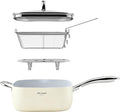 FELAMP 11-Inch Ceramic Nonstick Deep Square Frying Pan Set with Glass Lid, Stainless Steel Fry Basket & Steamer Rack, Induction Compatible, Oven & Dishwasher Safe, 4-Piece Square Pan Chef Cookware Set