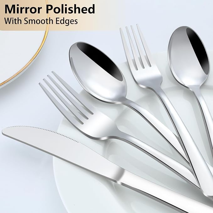 Pleafind 65-Piece Silverware Set with Serving Utensils - Mirror Polished Stainless Steel Flatware Set for 12, Elegant Dining Cutlery Set with Steak Knives, Round Edge Utensils for Home, Wedding Party