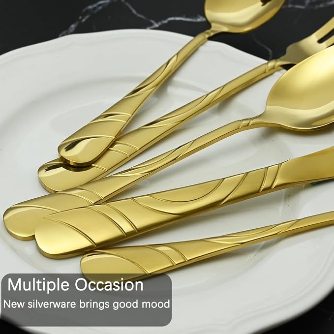 40-Piece Gold Silverware Set for 8, 18/0 Frosted & Mirror Finish Stainless Steel Vintage Flatware Set, Modern Cutlery Set for Home Wedding Restaurant Housewarming Party Event Serving For 8