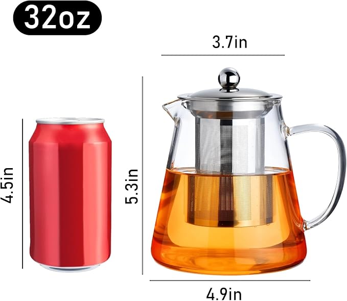 PARACITY Glass Teapot Stovetop 32 OZ, Borosilicate Clear Tea Kettle with Removable 18/8 Stainless Steel Infuser, Teapot Blooming and Loose Leaf Tea Maker Tea Brewer for Camping, Travel (950ML) | Clear borosilicate tea kettle with infuser uses a steel s...
