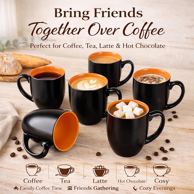 GBhome 16 oz Coffee Mugs Set of 6, Ceramic Coffee Cups- Orange