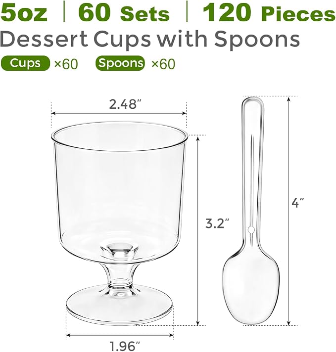 Ginkgo 60 Pack (120-Piece) 5 oz Plastic Stemmed Dessert Cups with Spoons | Sturdy & Food Safe Disposable Clear Mini Parfait & Pudding Cups for Party Appetizers, Cake, Jello & Yogurt Shots