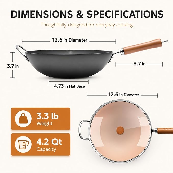 WANGYUANJI 12.6 Inch Carbon Steel Wok with Lid, Flat Bottom Wok Pan for Induction, Electric and Gas Stoves, Uncoated Chinese Stir Fry Pan with Wooden Handle