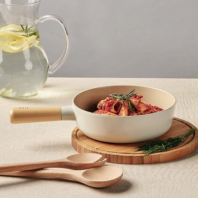 FIKA Small 7-Inch Deep Ceramic Coated Wok Pan, Nonstick Stir Fry & Soup Pan with Natural Wooden Handle, Induction Compatible for All Stovetops, Made in Korea (18cm)