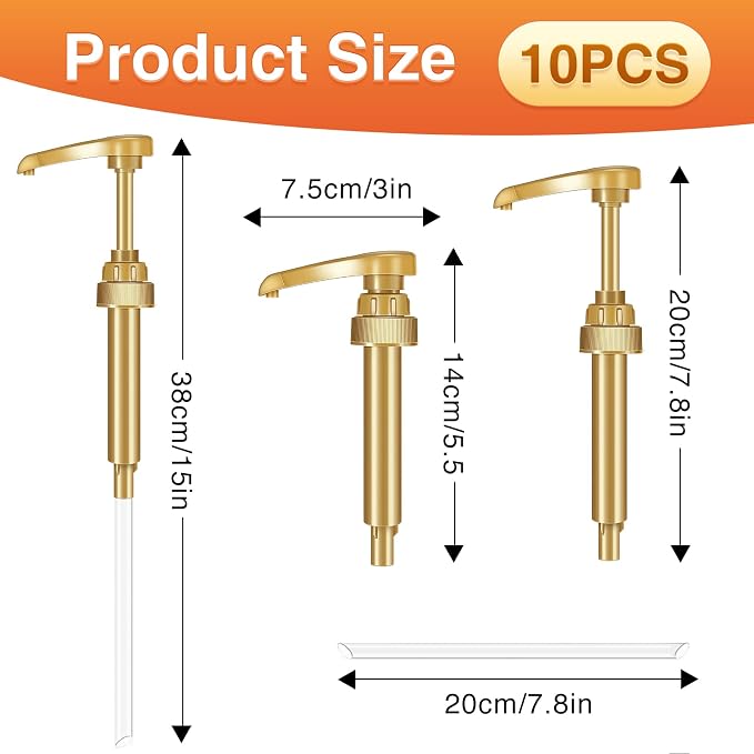 Coffee Syrup Pumps, 10 Pack Gold Syrup Pump | Skinny Syrup Pump for 750ml 25.4oz Syrup Bottle, Syrup Pump Dispenser for Coffee Bar Drinking Mixes,Davinci,Jordans