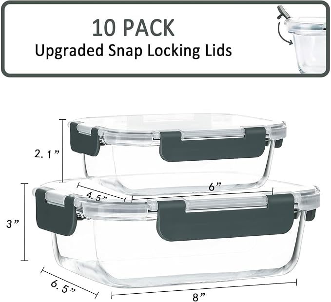 M MCIRCO 10 Pack Glass Food Storage Containers with Lids, Gray | Glass Meal Prep Containers,Airtight Lunch Containers with Lids, Microwave, Oven, Freezer and Dishwasher Friendly, BPA Free