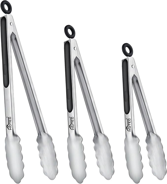 Hotec Stainless Steel Kitchen Tongs, Locking Metal Food Tongs for Cooking, Serving, BBQ, Grill & Air Fryer with Non-Slip Grip, Set of 3-7", 9" and 12"