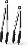 Doosu Kitchen Tongs with Silicone Tips for Cooking Serving (9+12in, Black) | 600°F Heat Resistant Food Tong, Heavy Duty Stainless Steel Locking Tong for BBQ, Grilling Steak, Salad, Toast, Pasta