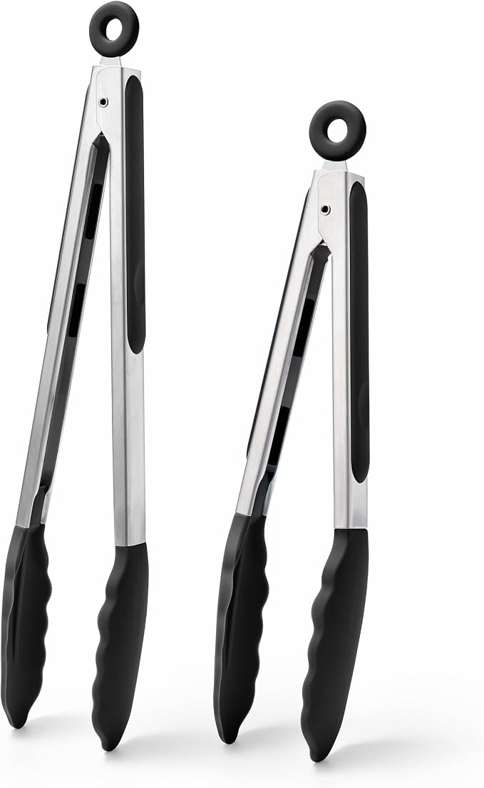 Doosu Kitchen Tongs with Silicone Tips for Cooking Serving (9+12in, Black) | 600°F Heat Resistant Food Tong, Heavy Duty Stainless Steel Locking Tong for BBQ, Grilling Steak, Salad, Toast, Pasta