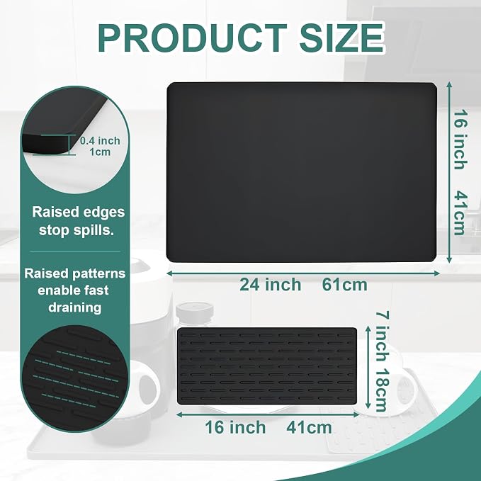 Silicone Coffee Mat 24 x 16 in Combination, Classic Gray | Coffee bar mat for countertop use, coffee station mat or coffee machine mat with removable tray