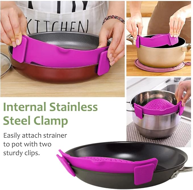 YEVIOR Clip on Strainer for Pots Pan Pasta | Food-grade BPA-free,Kitchen Food Strainer for Spaghetti, Pasta,Vegetable Fruits Fits All Bowls and Pots (Purple)