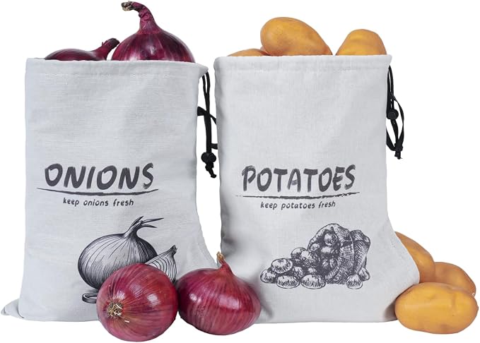Potato Onion Storage Bag, Reusable Potato and Onion Storage Bag for Pantry, Vegetable Storage Bags with Drawstring Closure, Blackout Liner for Shopping Storage, 2 Packs (Potato Onion Bag)