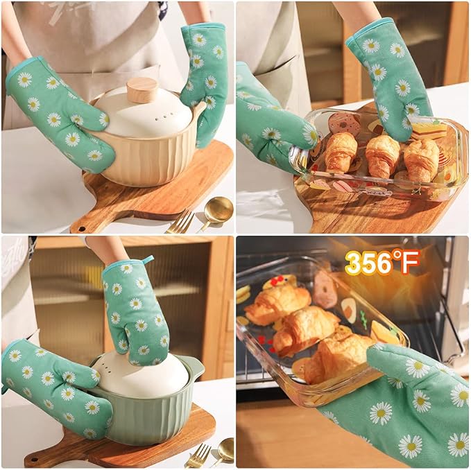 AUAUY Oven Mitts and Potholders, BBQ Gloves Heat Resistant, Daisy-Green | 1 Pair Oven Mitts + 2 Pot Holders, Cotton Non-Slip Cooking Gloves Home Essentials for Cooking Baking Kitchen Microwave Pizza