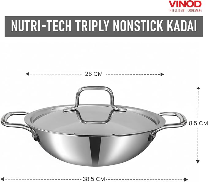 Vinod Nutri-Tech Triply Non-Stick Kadai, 26cm, with Lid, for Home Kitchen | 3.7L Scratch-Resistant Deep-Frying Wok For Indian Cooking; Multipurpose Cookware With Sturdy Handles